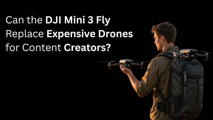 Content creator holding a DJI Mini 3 Fly drone while comparing it to expensive drones for professional content creation.