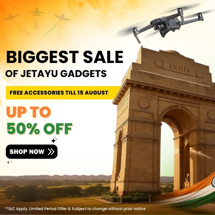 Jetayu Independence Day sale banner featuring India Gate, tricolor jets, a flying drone, and promotion for Jetayu Gadgets offering up to 50% off with free accessories till 15 August.